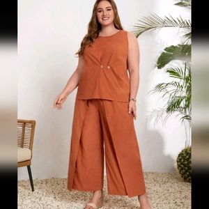 **NEW** SHEIN Plus Button Front Top & Wrap Detail Wide Leg Pants Set